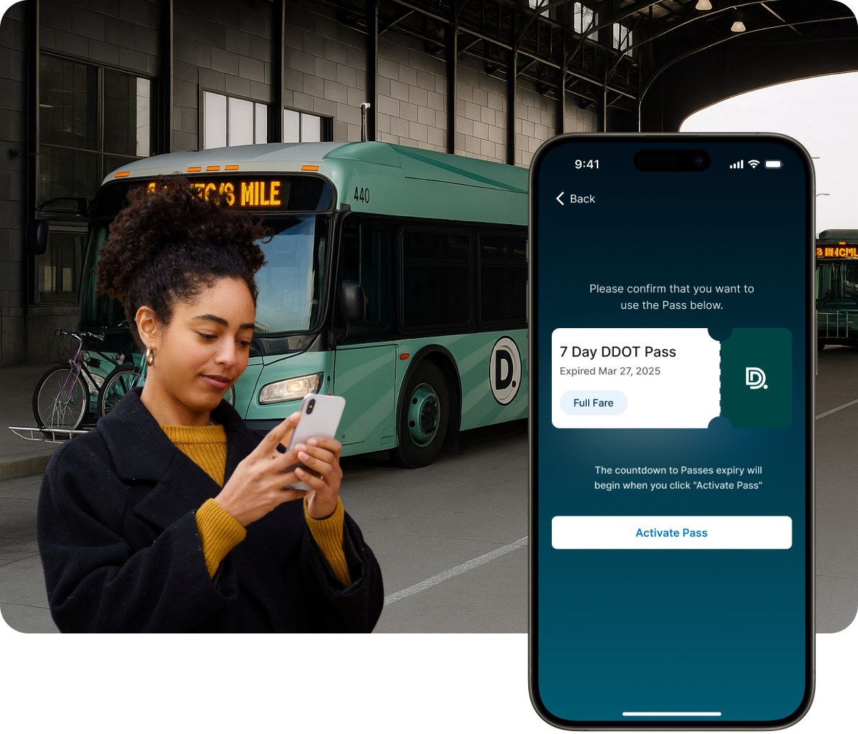 A MyRideWallet rider using the app at a transit stop